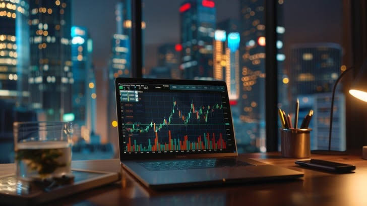 Trader working on laptop at sunset with fireworks symbolizing financial independence through trading
